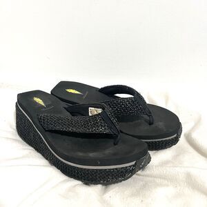 Volatile Island Platform Wedge Sandals Women 11 Black Woven Thong Chunky Cruise